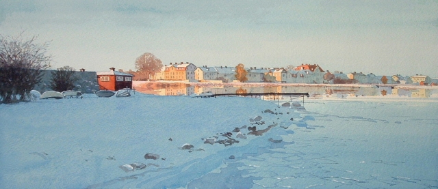 Reproducerad akvarell/giclée - Kall vinterdag på Kattrumpan